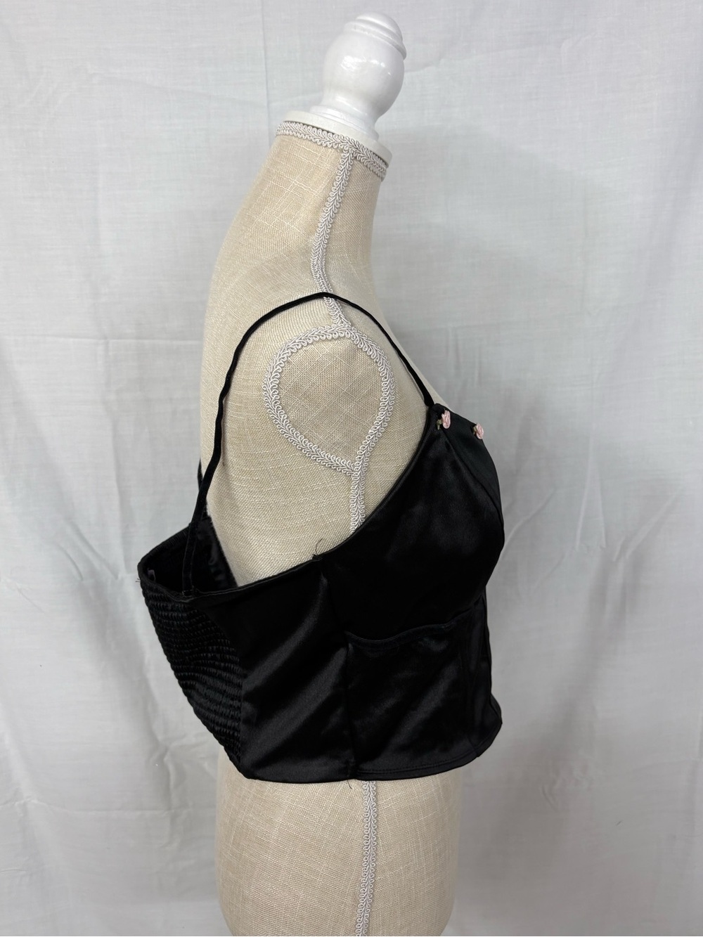 Black Satin Wild Fable Corset Top with Pink Rose Embellishments Summer - Picture 5 of 13